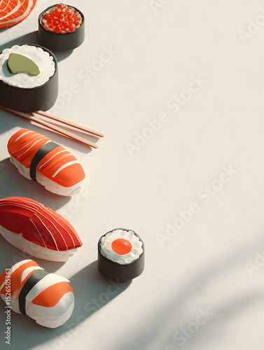 Minimalist 3D flat design poster featuring iconic sushi elements