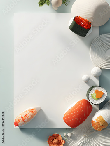 Minimalist 3D flat design poster featuring iconic sushi elements