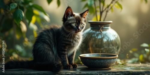 Korat Cat and Water Jar, Tranquil Rural Setting