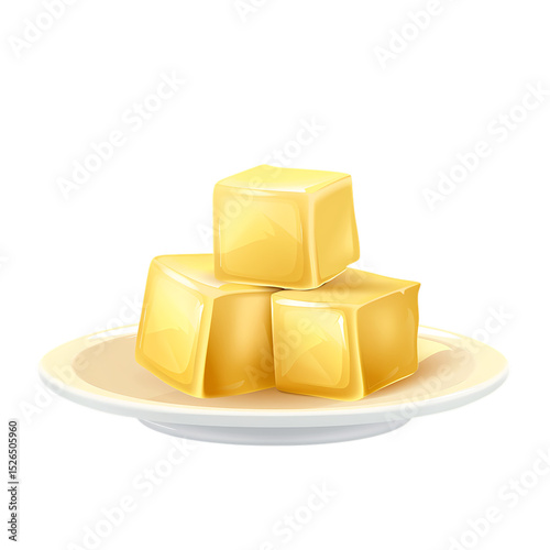 Three golden cubes of butter rest on a small plate, isolated on transparent background