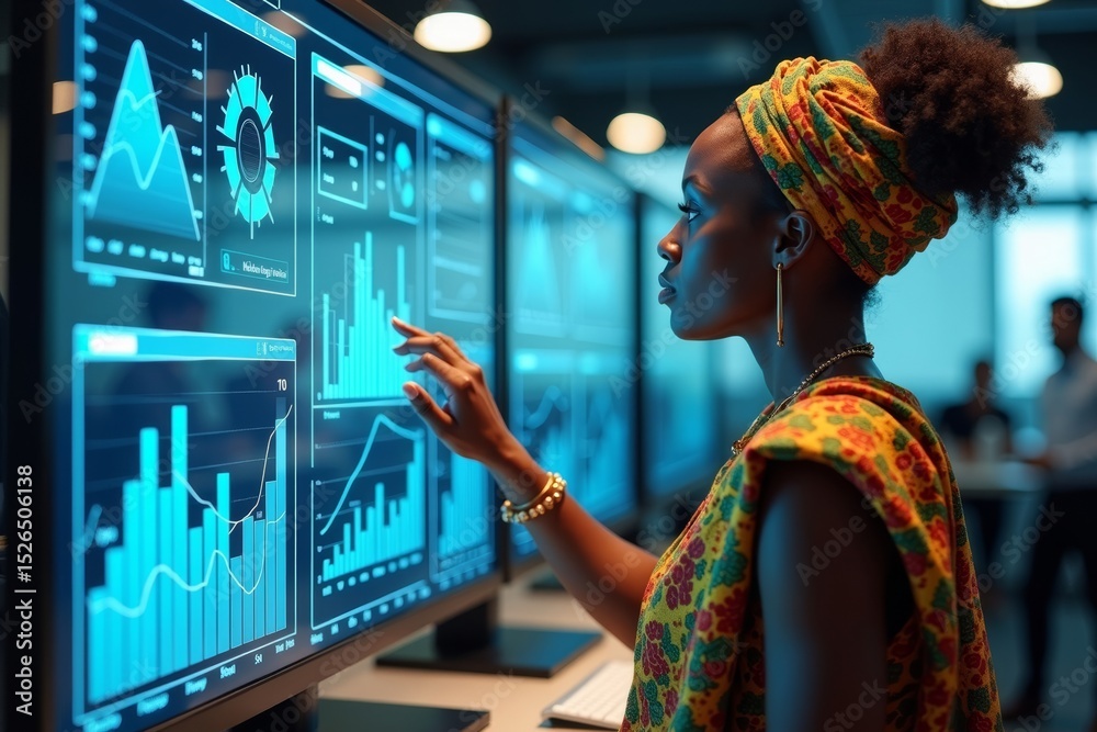 Fototapeta premium Analyzing Data on a Holographic Dashboard: Woman in Traditional African Attire in a Futuristic Office.