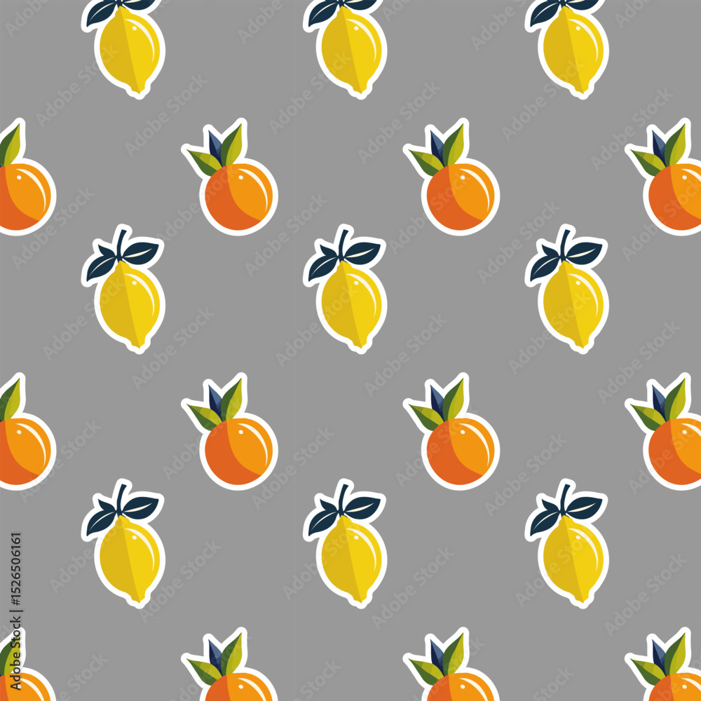 Obraz premium Stickers with lemons and oranges.Vector seamless pattern with lemon and orange stickers on a gray background.