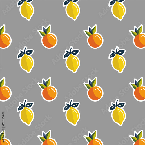 Stickers with lemons and oranges.Vector seamless pattern with lemon and orange stickers on a gray background.