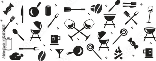 Kitchen utensils in a cupboard. Set. Plates, pans, frying pans and glass sketch