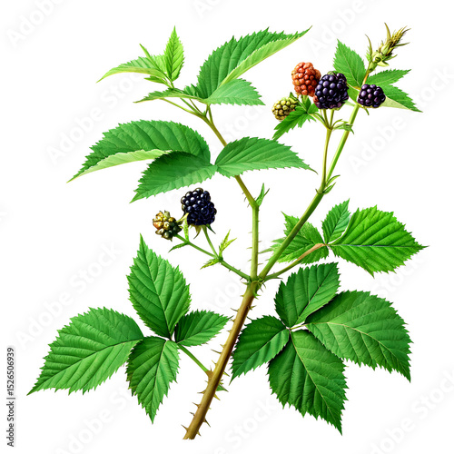 Wild blackberry bush with serrated green leaves and thorny stems isolated on white, ultra-realistic 4K
