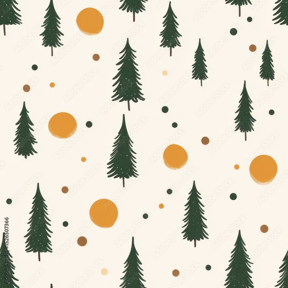 Fototapeta premium Seamless Forest Pattern with Trees and Circles in Green and Orange Tones.