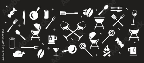 Kitchen utensils in a cupboard. Set. Plates, pans, frying pans and glass sketch