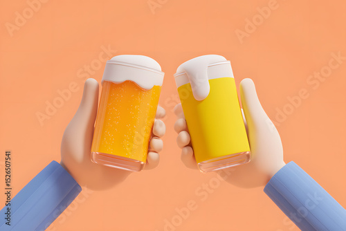 3D flat design poster illustration of two hands making a toast, each holding a glass filled with beer