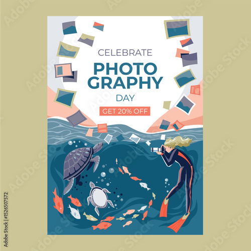 World Photography Day Poster or Flyer with Professional Photographers with Digital Cameras Taking a Pictures and Photos in Different Situations