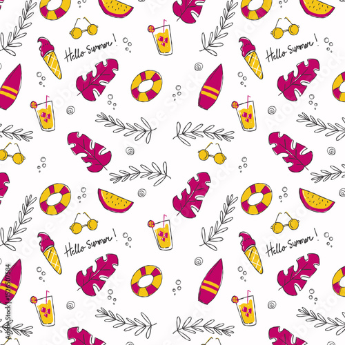 Yellow Pink Retro Doodle Summer Pattern Template Illustration Vector