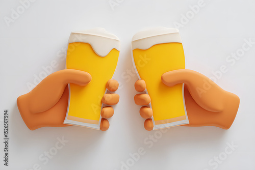 3D flat design poster illustration of two hands making a toast, each holding a glass filled with beer