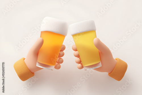 3D flat design poster illustration of two hands making a toast, each holding a glass filled with beer
