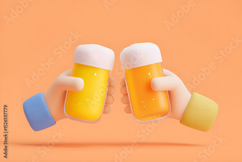 3D flat design poster illustration of two hands making a toast, each holding a glass filled with beer