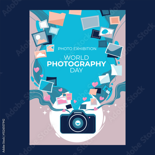 World Photography Day Poster or Flyer with Professional Photographers with Digital Cameras Taking a Pictures and Photos in Different Situations