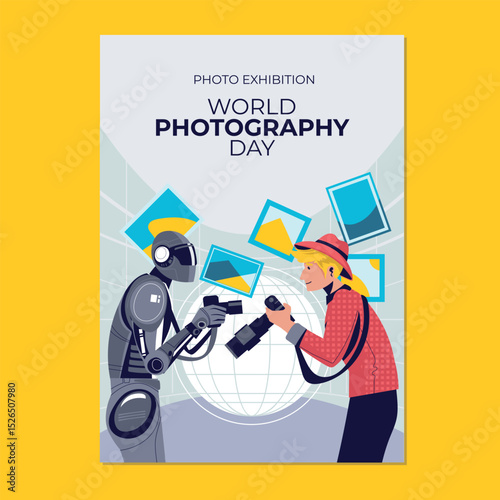 World Photography Day Poster or Flyer with Professional Photographers with Digital Cameras Taking a Pictures and Photos in Different Situations