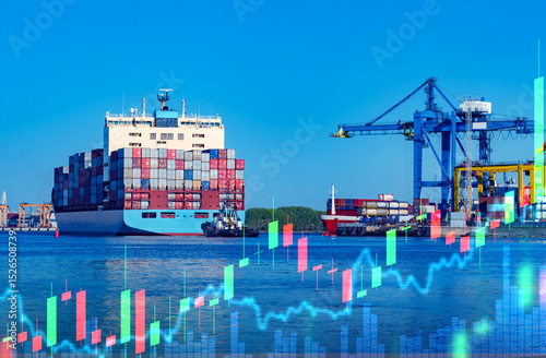 Sea freight. Ship with containers near harbor. Sea vessel sails to port. Ship container and financial charts. Cargo port for import of goods. Ship near cargo crane. Export of goods across ocean