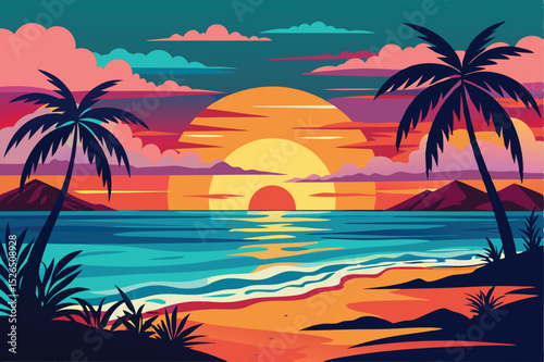 Vibrant Tropical Sunset Beach Paradise Illustration