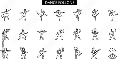 Dance line icon set. Vector pictograms of various people dancing styles - ballet, salsa, hip-hop, traditional folk, tango, jazz, samba, flamenco, disco freestyle thin linear illustration
