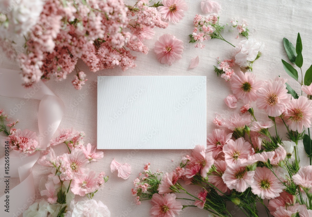 Obraz premium Blank card surrounded by pastel pink flowers and ribbons