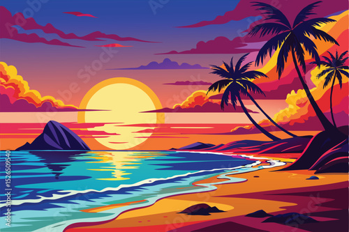 Vibrant Sunset Paradise Tropical Beach Scene Illustration