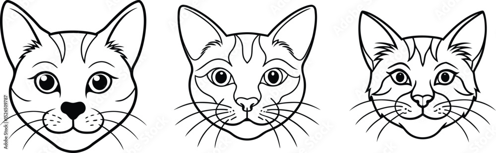 Fototapeta premium Cat Head Outline Vector Illustration Art. Black Cat Silhouette Head Line Drawing. Animal Mascot Cat Head Vector Design.