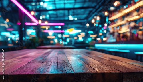 Wooden table, blurred night bar scene