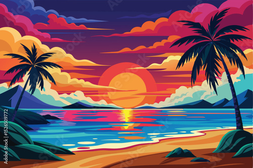 Vibrant Tropical Sunset Paradise Beach Scene Illustration