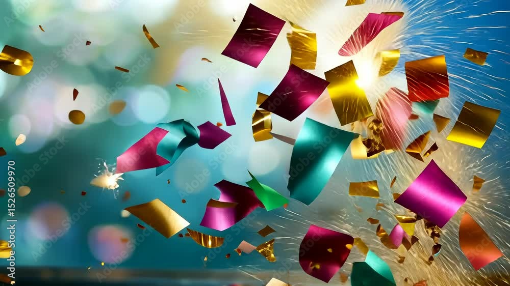 highlighting confetti swirling, gold glitter sparkling, blurred Colorful background jubilant party celebration