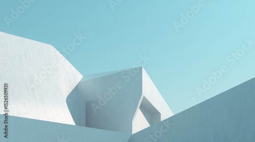 Futuristic abstract 3d rendering of minimal gray building architecture with clean lines and modern structure under clear blue sky. Conceptual design for cityscape, urban development and construction