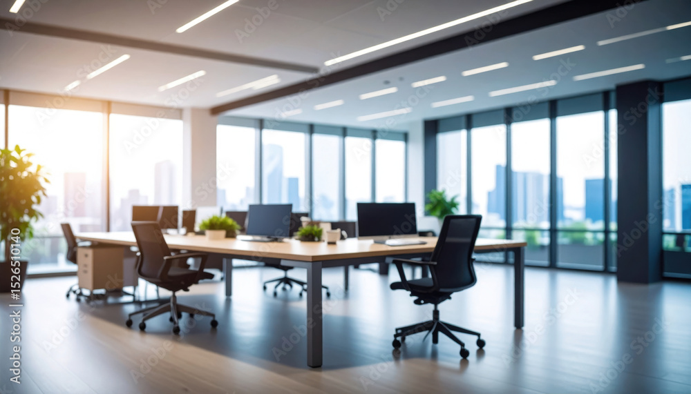 Fototapeta premium Modern office interior design with bright workspace and city view