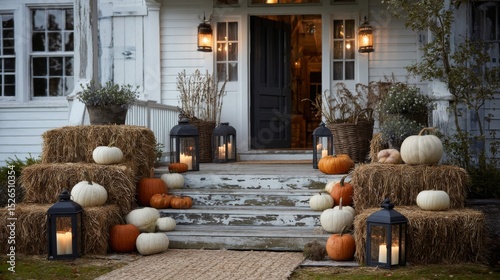 Autumnal Porch Decor with Pumpkins and Lanterns