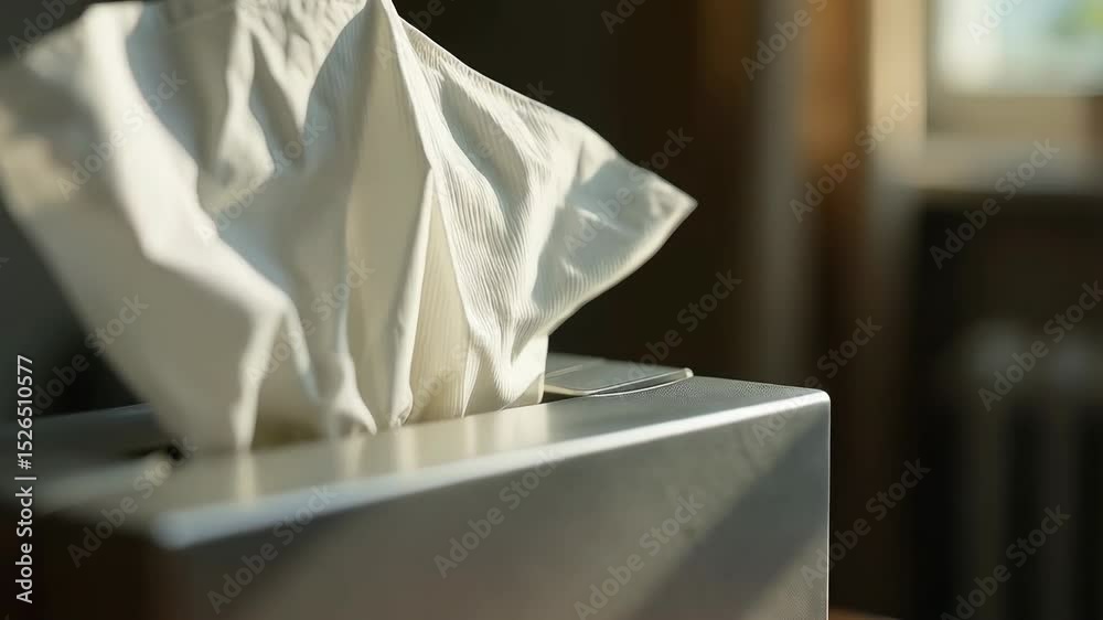 A wooden tissue box with white tissues spilling out, bathed in soft window light. Simple, clean, and subtly inviting