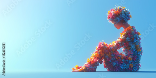 Surreal Minimalist Floral Meditation Concept on Blue Background with Ample Copy Space for Calm and Creative Design Themes
