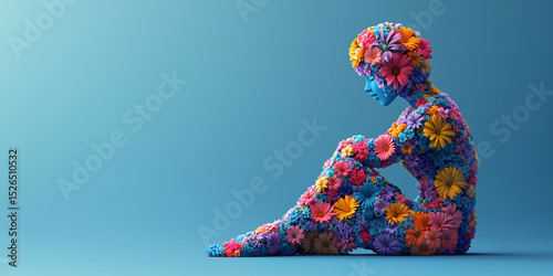 Surreal Minimalist Floral Meditation Concept on Blue Background with Ample Copy Space for Calm and Creative Design Themes