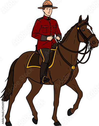 Canadian mountie with red uniform riding horse