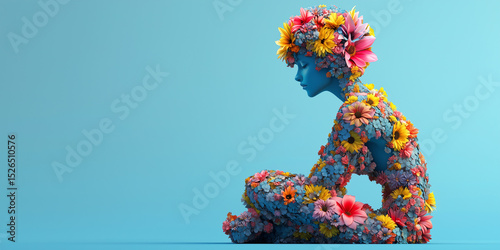 Surreal Minimalist Floral Meditation Concept on Blue Background with Ample Copy Space for Calm and Creative Design Themes