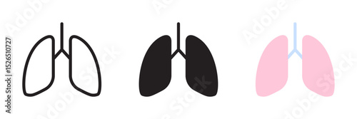 Lungs linear icon set. Human respiratory organ sign, symbol collection. Healthcare, health, wellness, medicine concept. Editable stroke. Vector illustration. Flat design.