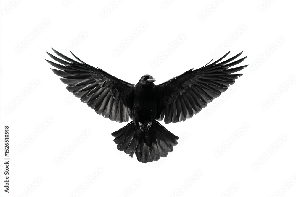 Naklejka premium a black bird flying in the air with its wings spread