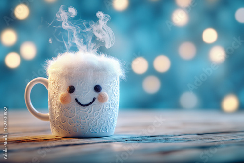 Whimsical Coffee Mug with Googly Eyes and Fuzzy Steam Hair, Set Against Cozy Tones and Soft Bokeh Background with Copy Space for Playful Anthropomorphic Design Concepts