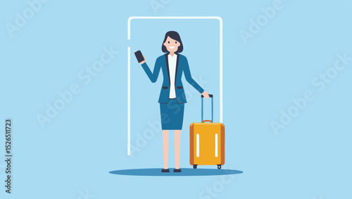 Businesswoman Smiling with Suitcase Travel Ready Illustration Corporate Journey Mobile Device Business Trip
