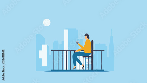 Woman enjoying coffee on balcony vector city skyline view urban relaxation coffee break modern lifestyle