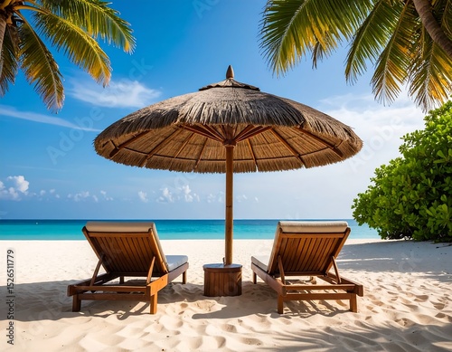 Tropical beach scene with sunshade