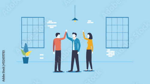 Team Celebration Success Vector Illustration High Five Achievement Partnership Office Unity Blue Creative Art