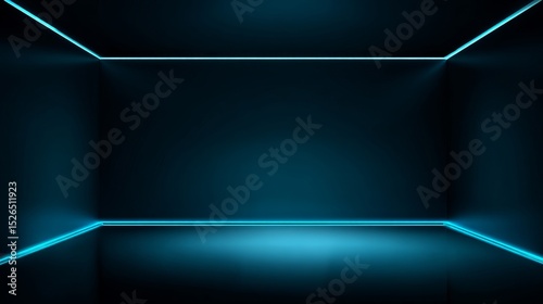 Dark blue gradient neon studio interior with glowing light floor and wall, empty futuristic room ideal for product display, car or motorcycle showcase, modern tech and luxury branding