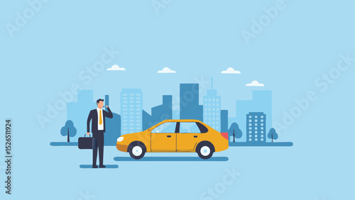Business Man on Phone in City With Yellow Taxi Cab Vector Illustration Job Commute Transportation Urban