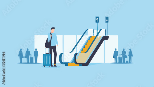 Airport Journey Man Traveler with Suitcase Escalator Graphic Design Light Blue Pastel Flat Design Style
