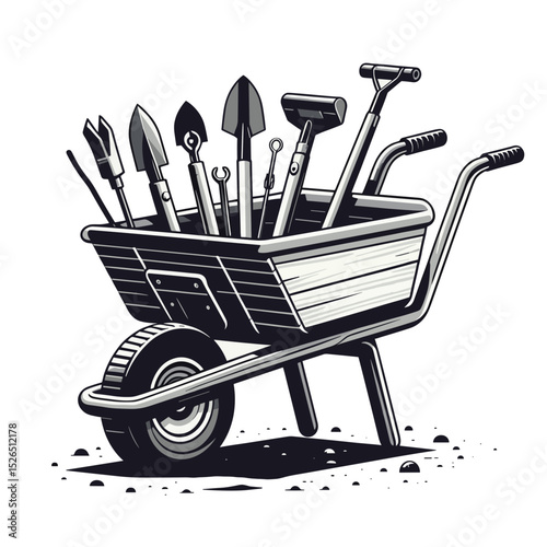 Garden cart with tools illustration on a transparent background