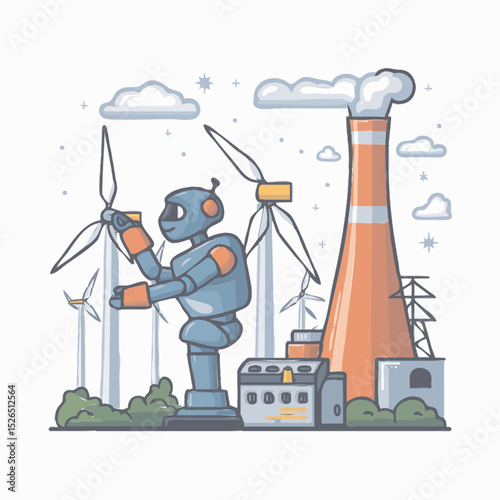 A robot engineer adjusting wind turbines while a fossil plant looms in the background, showing dual investment;