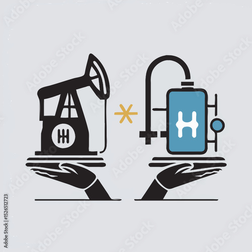AI arms holding both a fossil fuel pump and a hydrogen cell—symbolizing tension and convergence