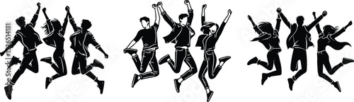 Silhouettes of Joyful People Jumping and Celebrating Success, Teamwork, and Friendship